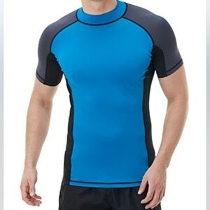 Tesla Men's UPF 50+Swim Wear Swim Tee Rashguard Top in Blue Black Gray Size M